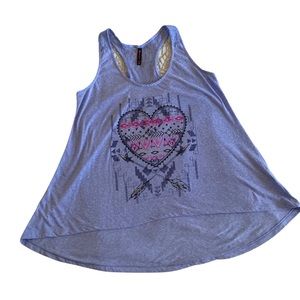 Purple racerback tank top, asymmetrical hem, lace heart and arrow geometric - XL